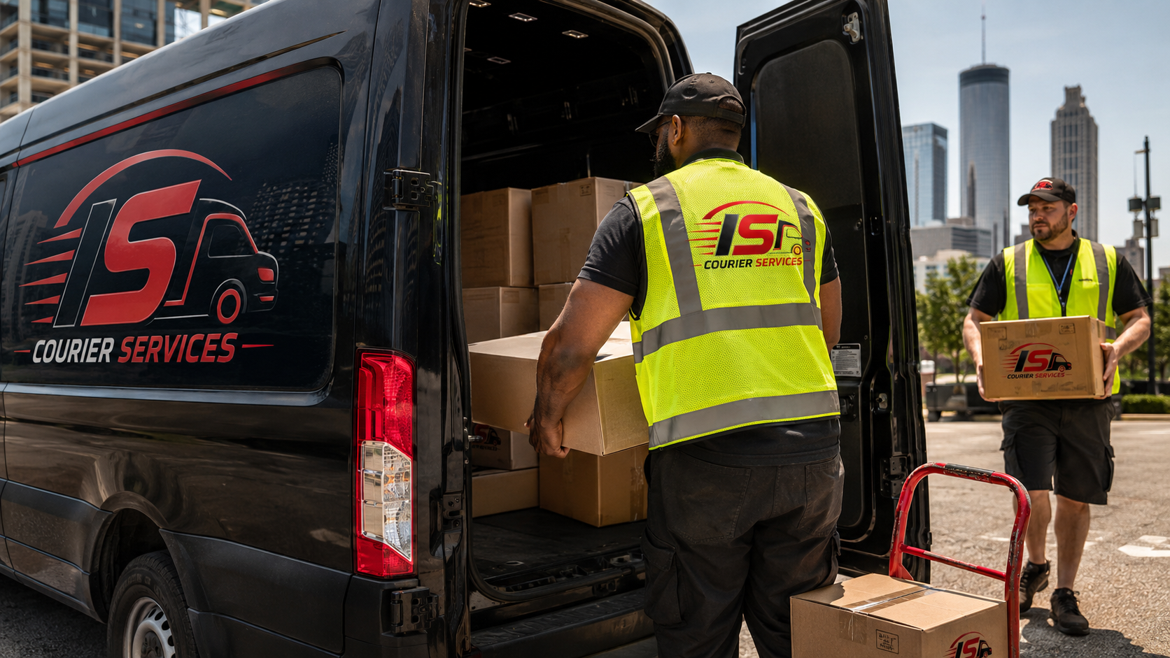 Iron Solid couriers loading boxes from a branded delivery van in downtown Atlanta.
