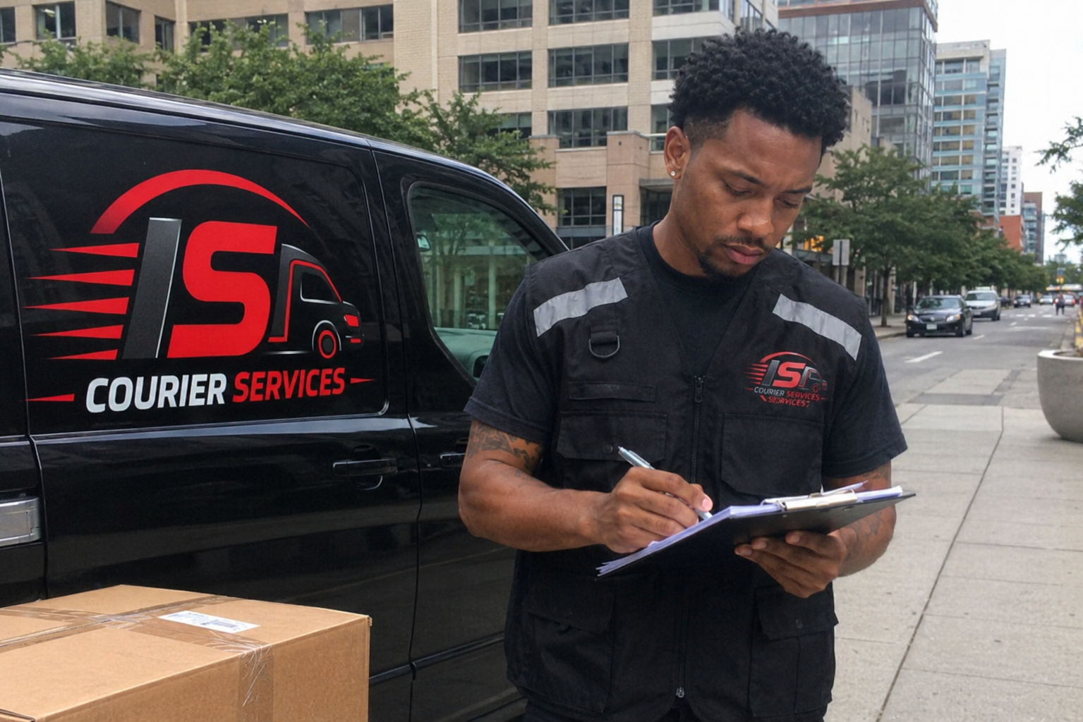 Iron Solid Courier Services team member scanning a package in a sorting facility.