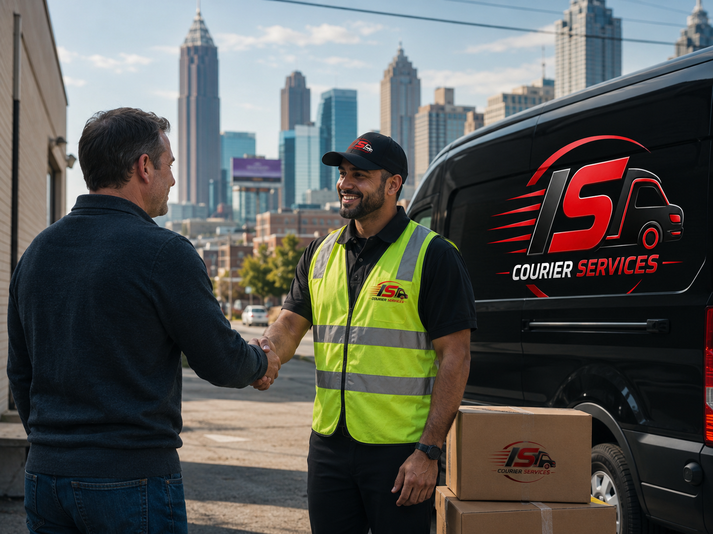 The Iron Solid Courier Services team in front of a company van with the Atlanta skyline behind them.